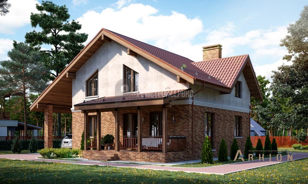 2. Проект одноэтажного дома в стиле шале с двускатной кровлей, t-20-01, площадью - 151 кв c мансардой, терассой, балконом, гаражом